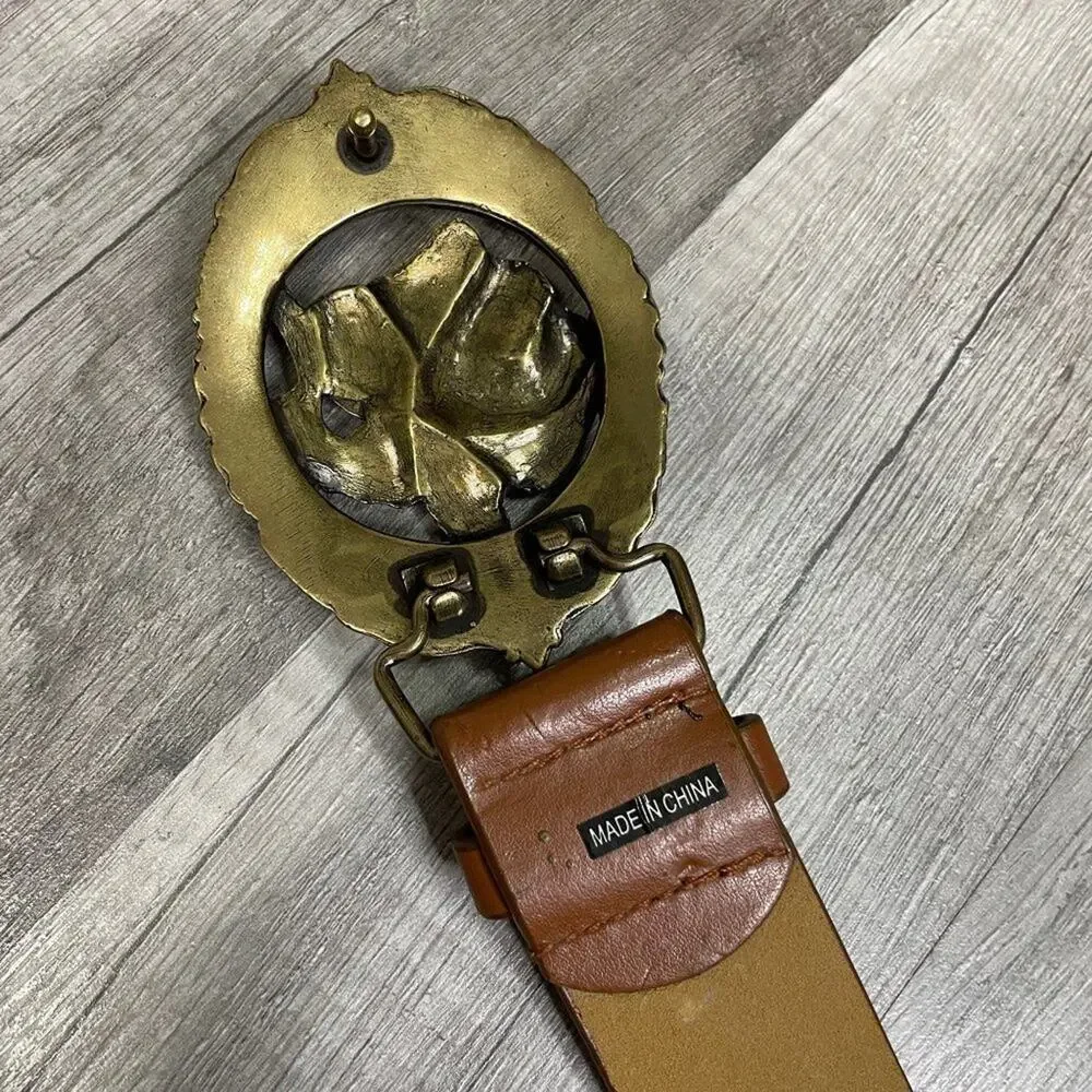 Brown Leather Belt Statement Rose Rhinestone Buckle Medium